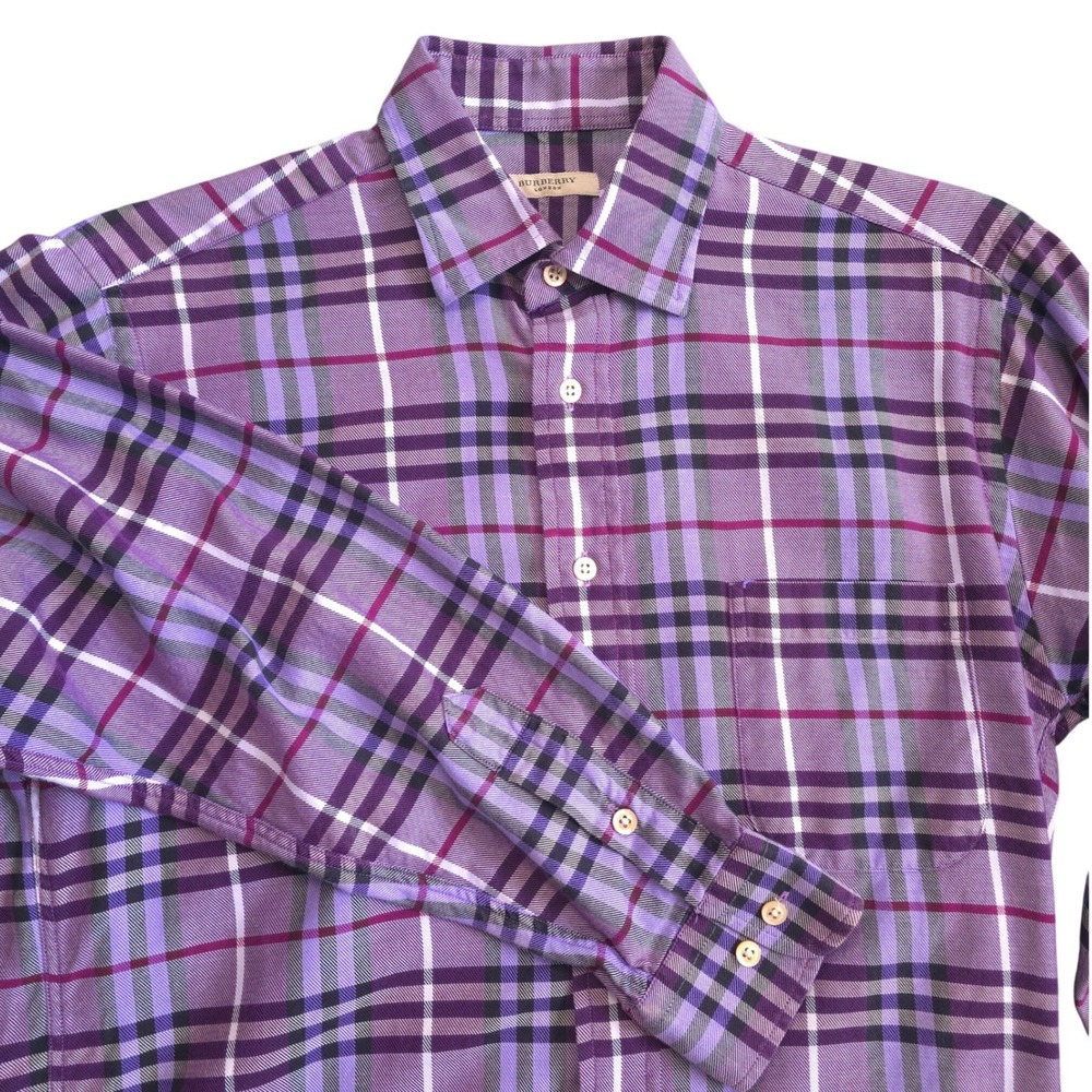 Burberry London Mens Purple Plaid Button Down Shirt Size Medium Made in USA